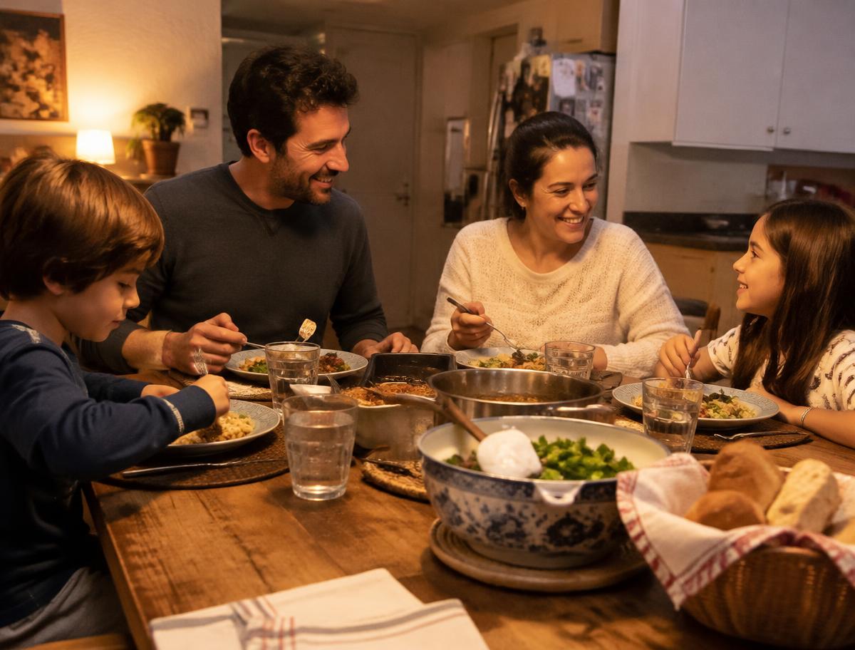 Família a jantar em casa numa mesa de madeira