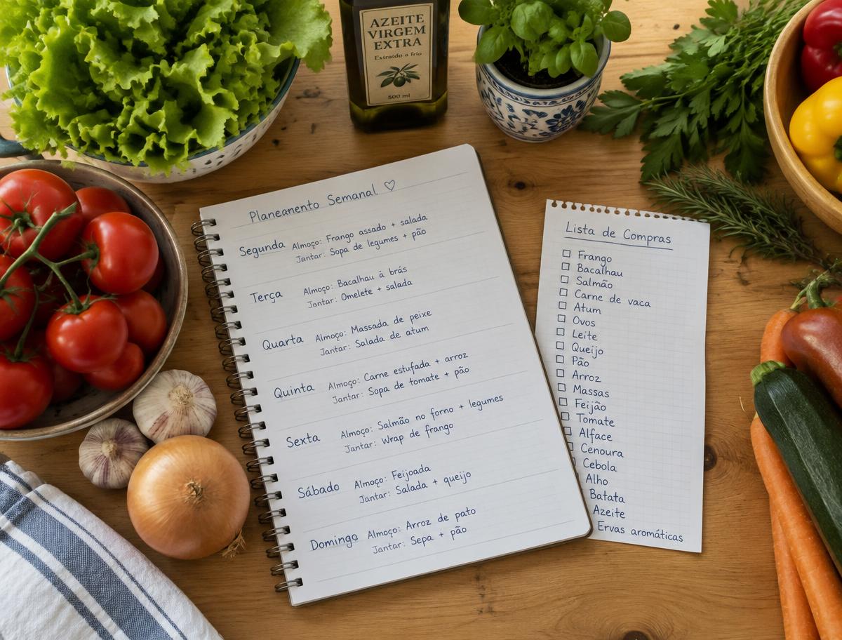 Caderno com plano semanal e lista de compras rodeado de legumes frescos